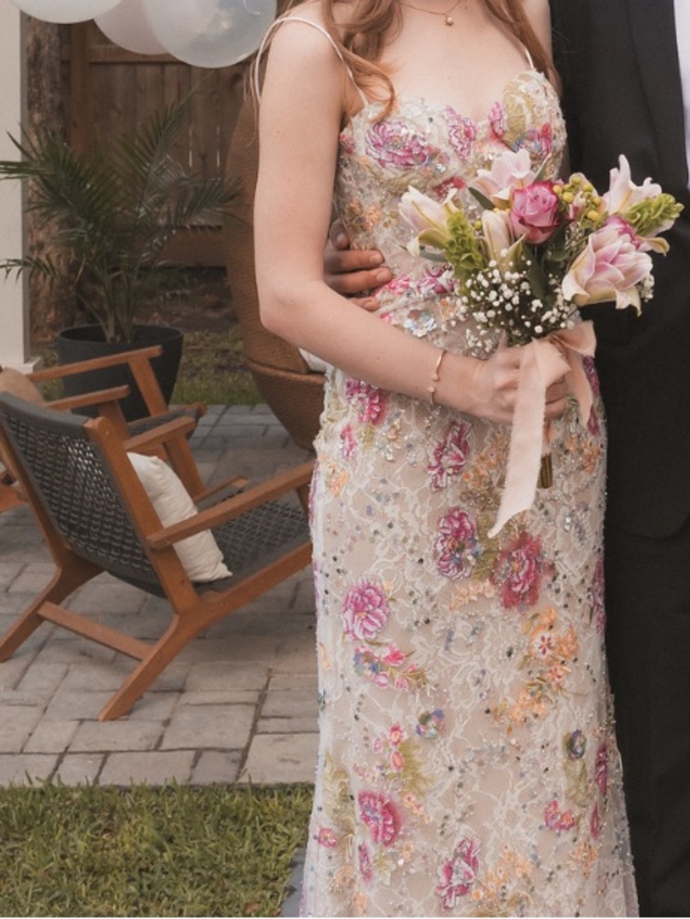 Floral Sequin Prom Dress - Pink & Cream